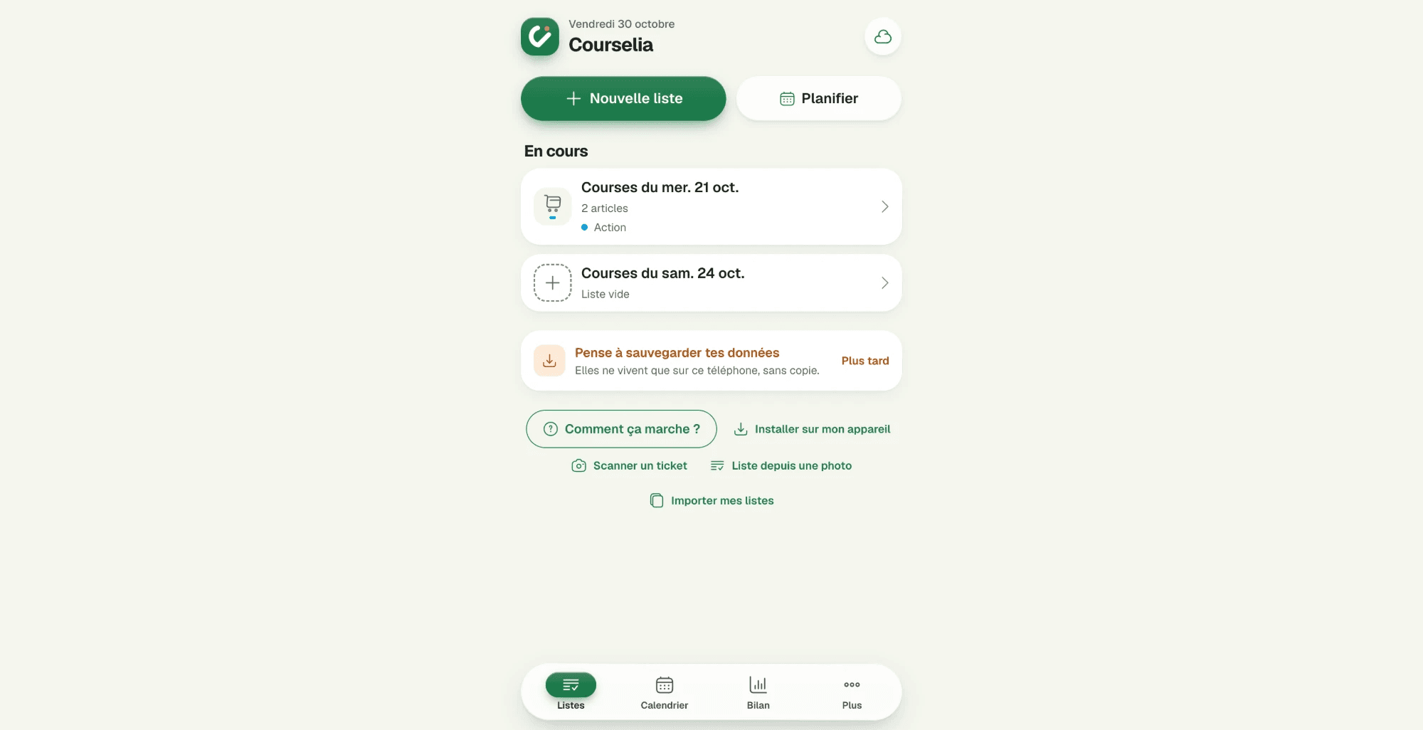 Courselia main screen: current shopping lists, New list and Plan buttons, tab navigation