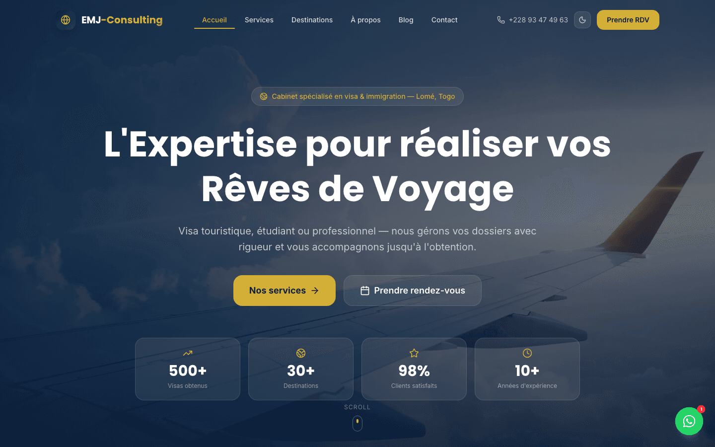 Page d'accueil du site EMJ-Consulting : accroche sur l'expertise visa et boutons de prise de rendez-vous