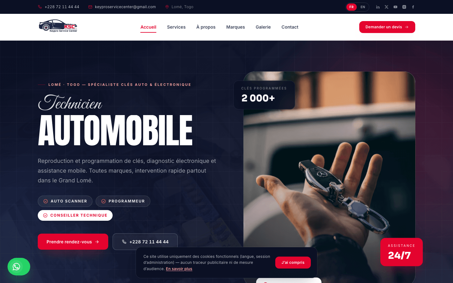 Page d'accueil de KEYPRO Service Center : accroche « Technicien automobile » et coordonnées de contact