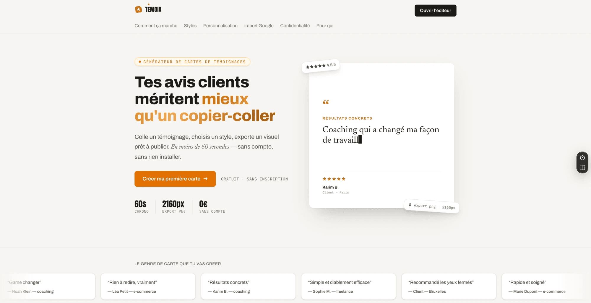 Testimonial card generator homepage: headline, create button and preview of an exported card