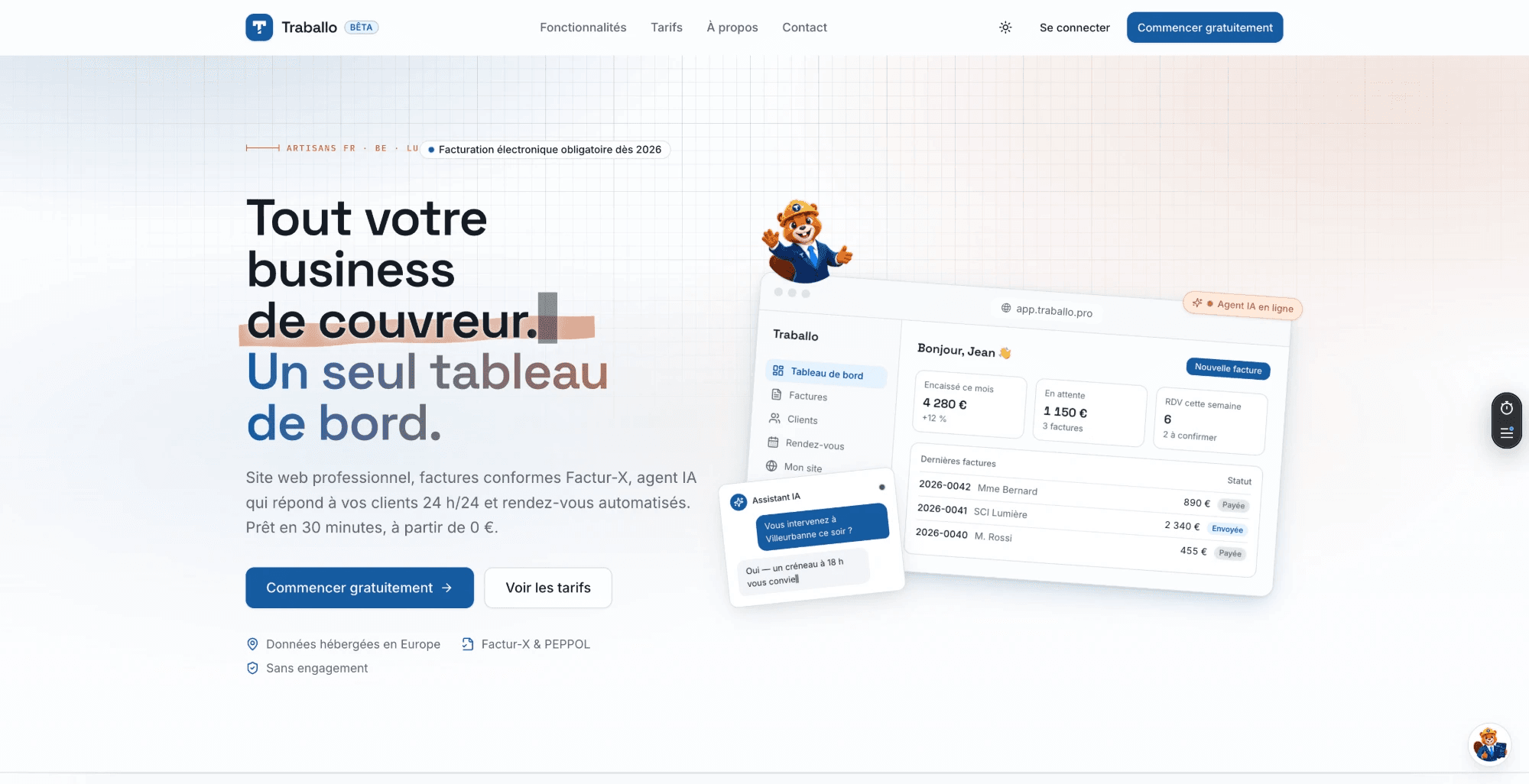Traballo homepage: headline for roofing tradespeople and a preview of the dashboard (invoices, appointments, AI assistant)